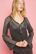 POL V-Neck Long Sleeve Lace Patch Top Trendsi