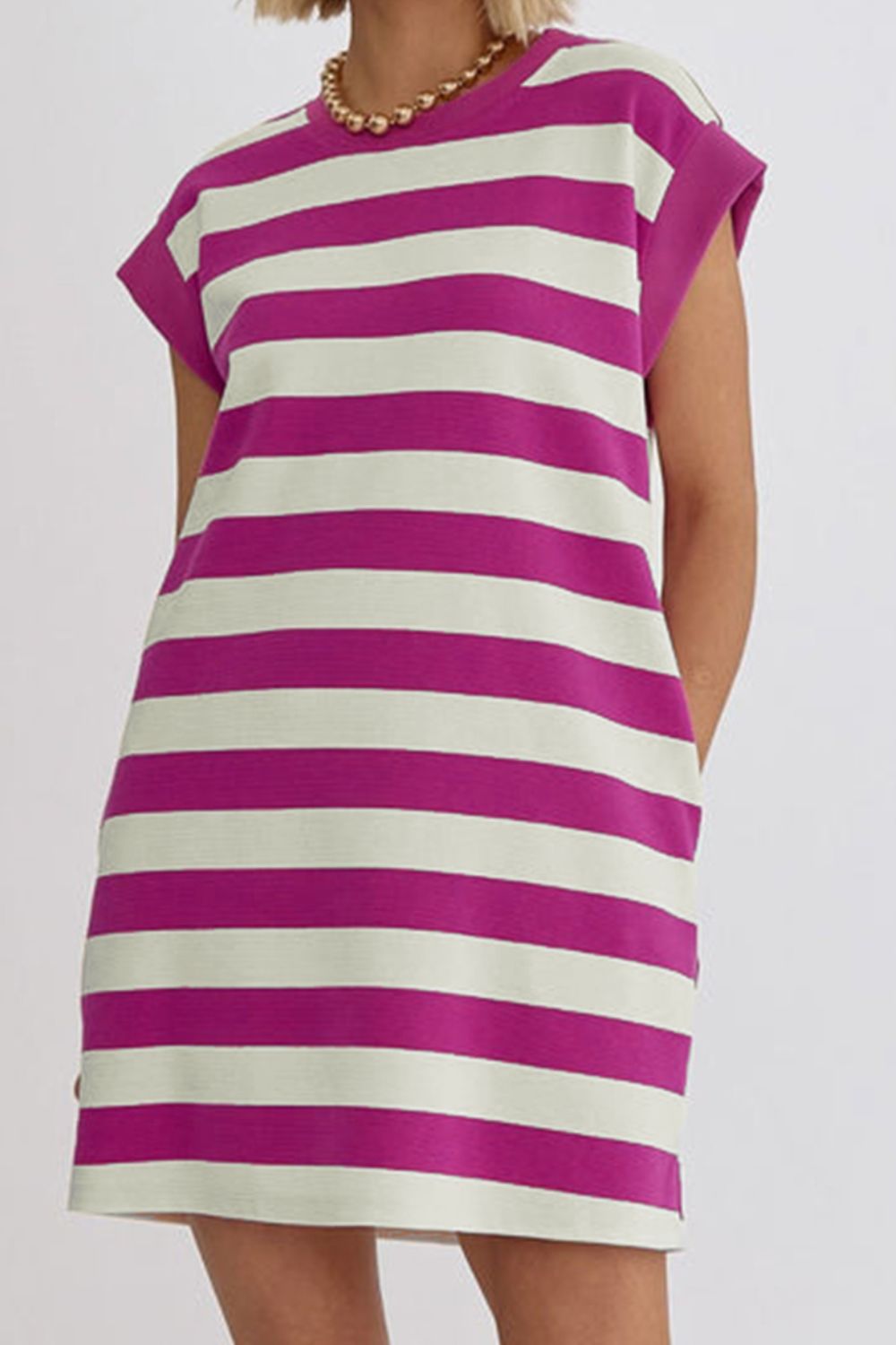 Striped Round Neck Cap Sleeve Dress Trendsi