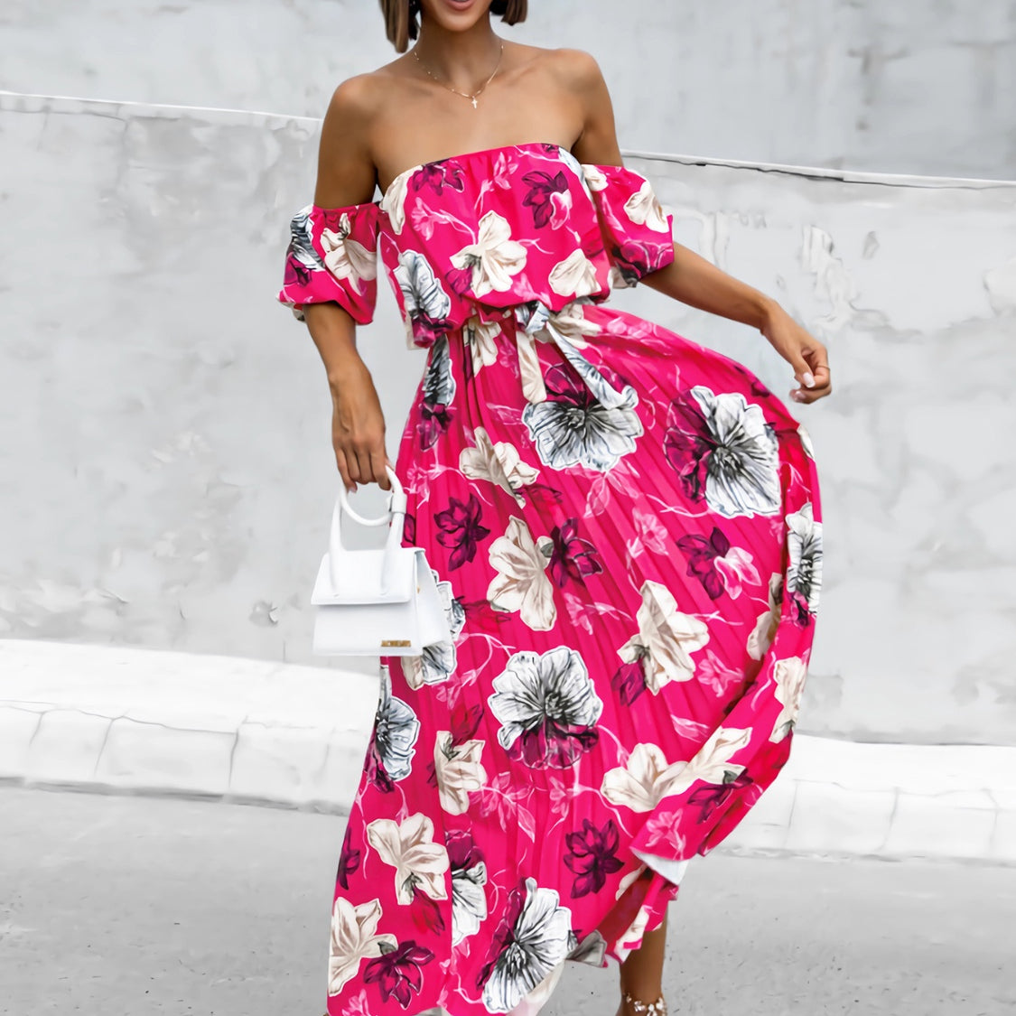 Pleated Floral Off-Shoulder Short Sleeve Midi Dress Trendsi