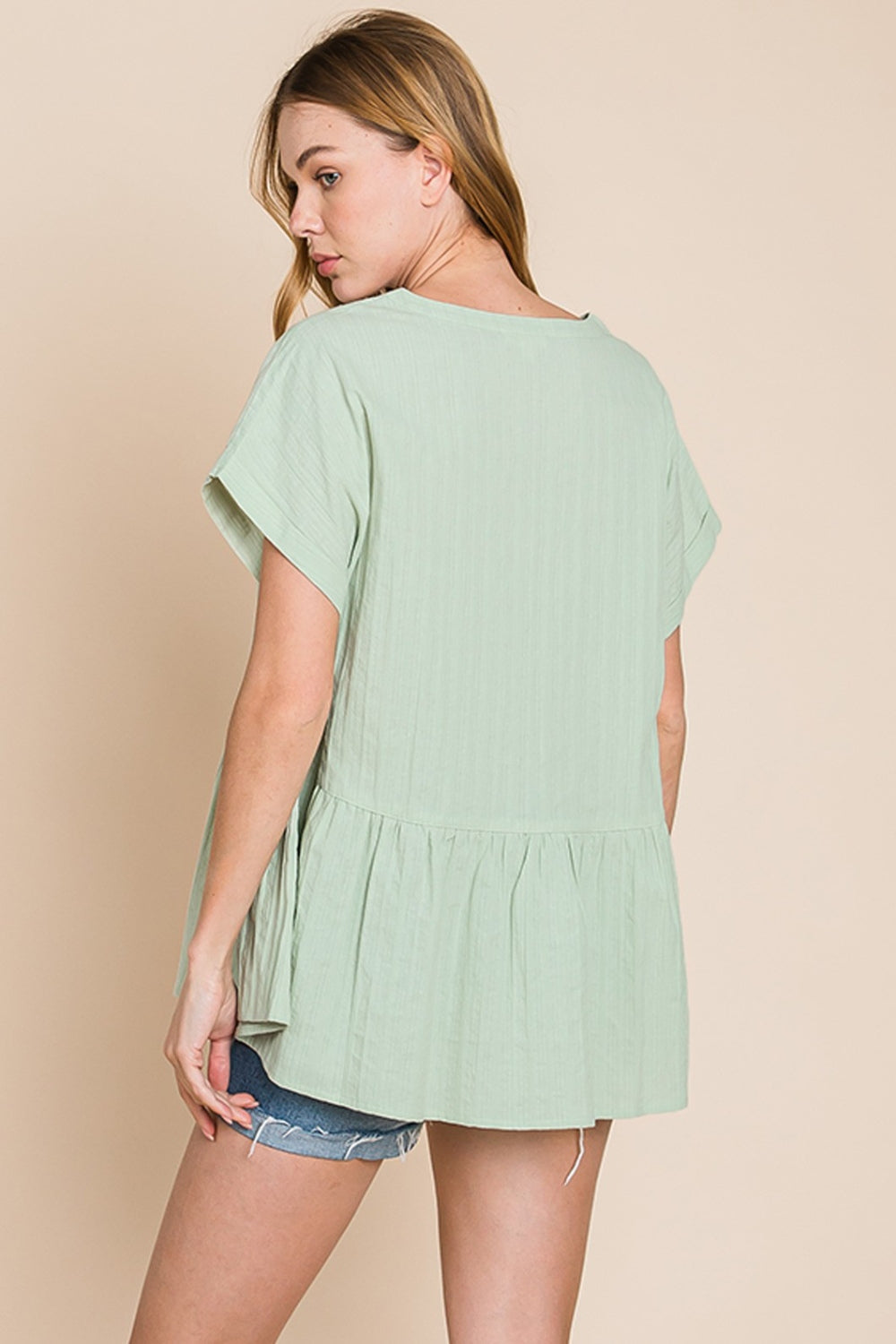 Cotton Bleu by Nu Lab Ruched Notched Short Sleeve Blouse Trendsi