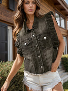 Raw Hem Ruffled Cap Sleeve Denim Jacket Trendsi