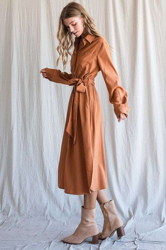 SOLID BUTTON DOWN BELTED LONG DRESS 30-545 Jade By Jane