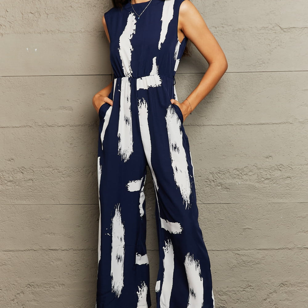 Printed Round Neck Cutout Jumpsuit with Pockets