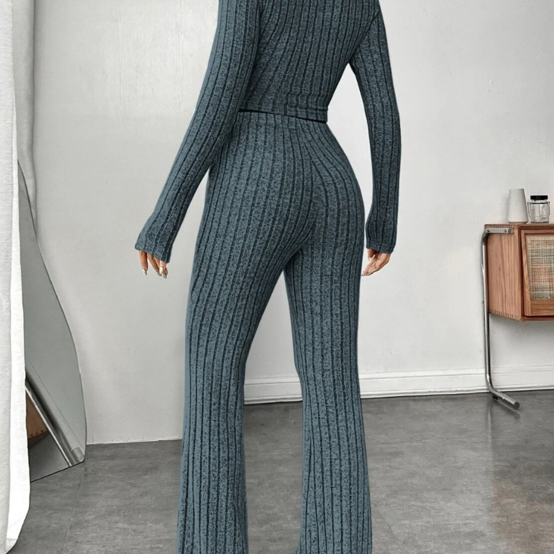 Ribbed Mock Neck Long Sleeve Top and Pants Set Trendsi