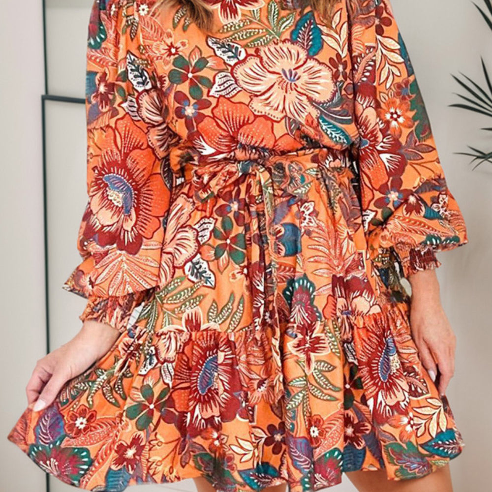 Tropical Print Tie Waist Lantern Sleeve Mini Dress