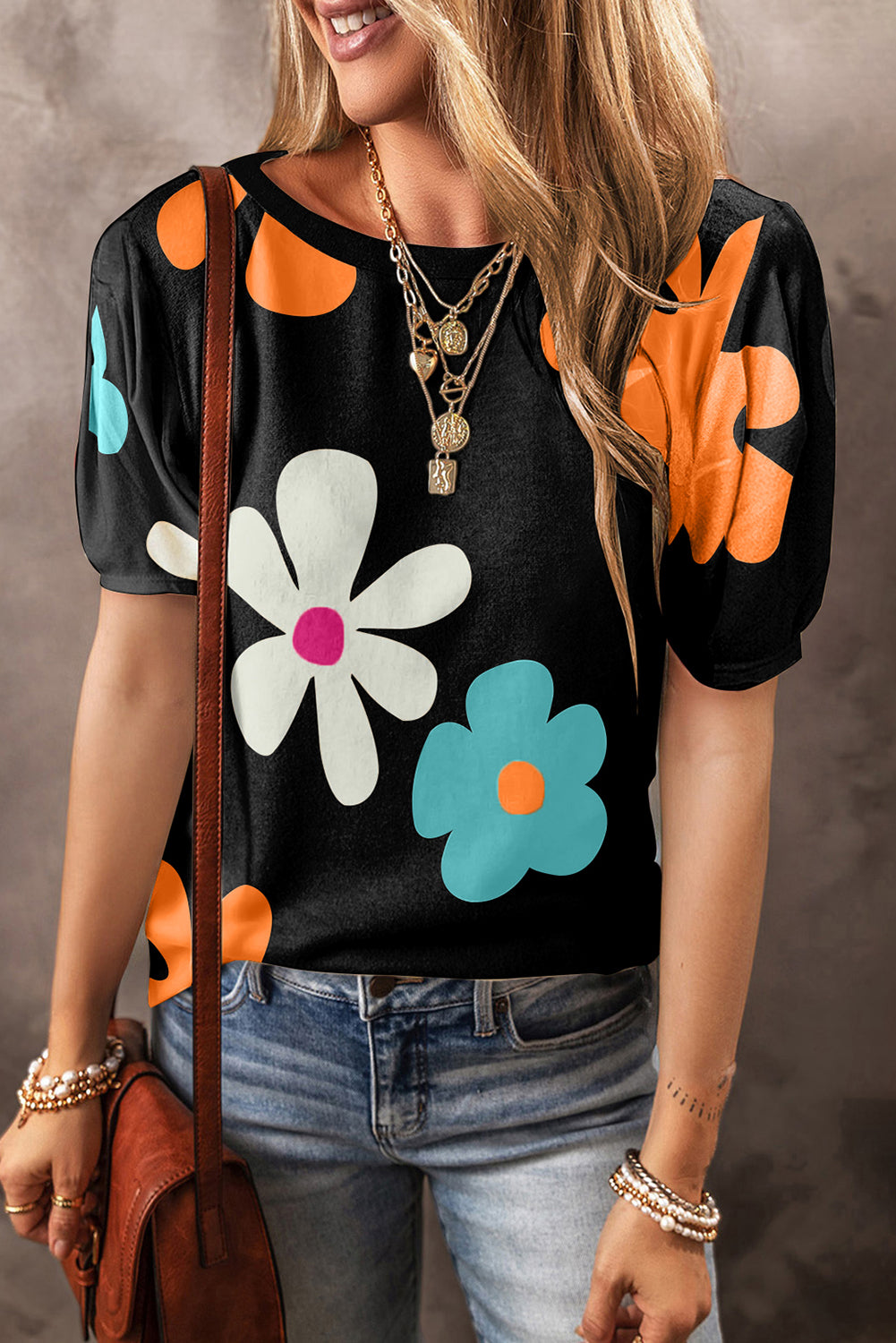 Flower Round Neck Short Sleeve Blouse Trendsi