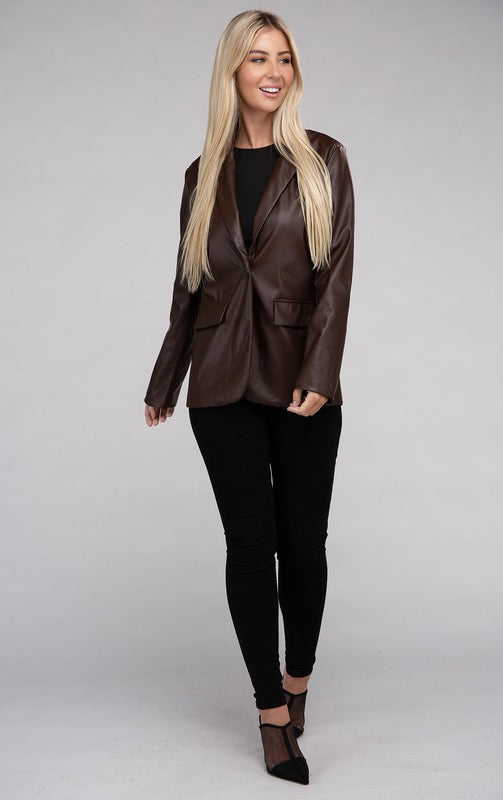 Sleek Pu Leather Blazer with Front Closure Ambiance Apparel
