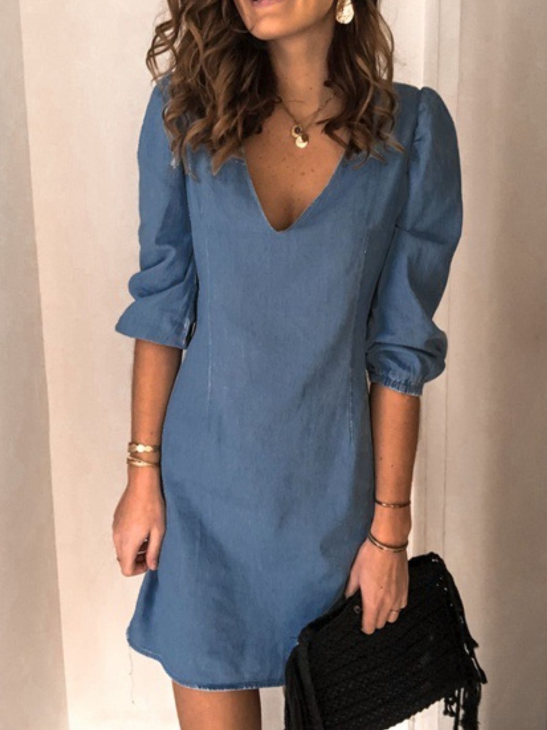 Full Size V-Neck Half Sleeve Denim Dress Trendsi