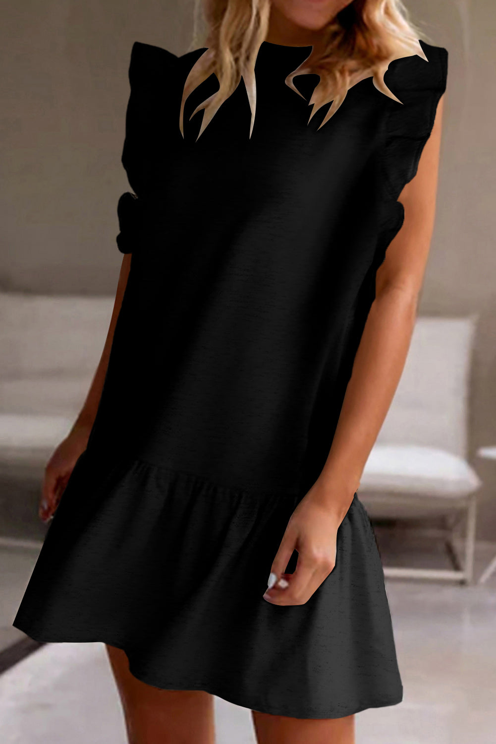 Ruffled Round Neck Cap Sleeve Mini Dress Trendsi