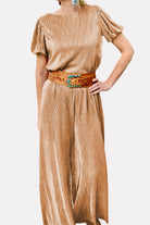 Round Neck Puff Sleeve Top and Pants Set Trendsi