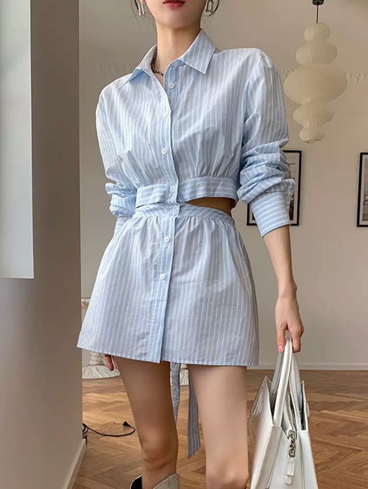 Fashionella Striped Colorblock Cut Out Mini Shirt Dress Fashionella