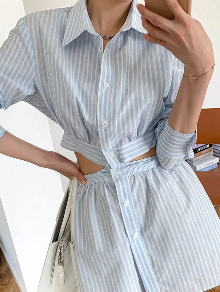 Fashionella Striped Colorblock Cut Out Mini Shirt Dress Fashionella