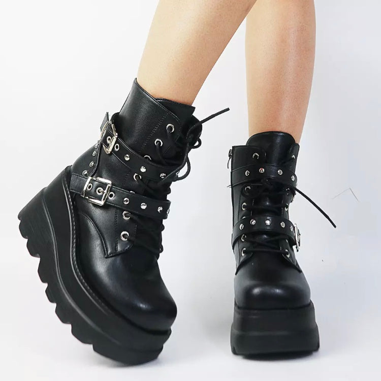 Fashionella Wednesday Addams Chunky Platform Lolita Cosplay Gothic Boots For Women Fashionella