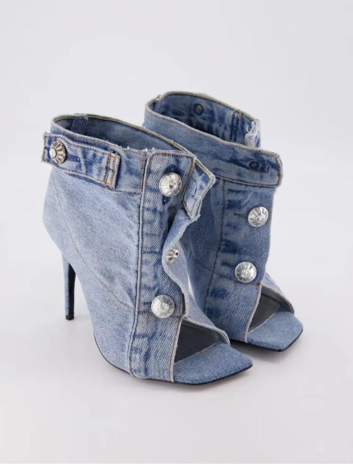 Women's Denim Sandals Vintage Slim High Heel Open Teeth Large Size Fashionella