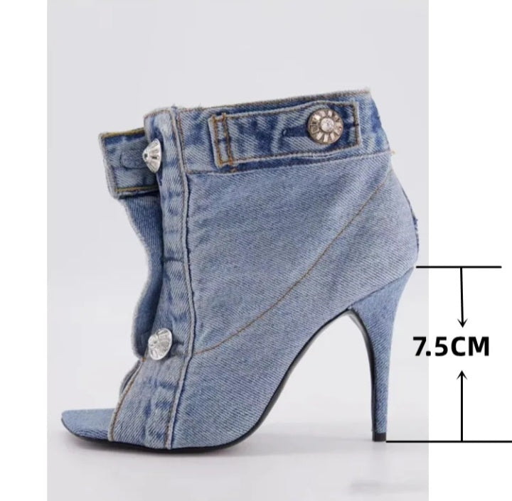 Women's Denim Sandals Vintage Slim High Heel Open Teeth Large Size Fashionella