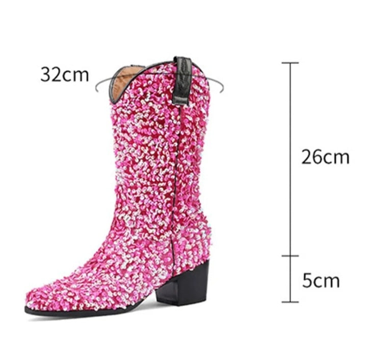 Fashionella Vintage Retro Style Sequin Women Western Cowboy Boots Fashionella