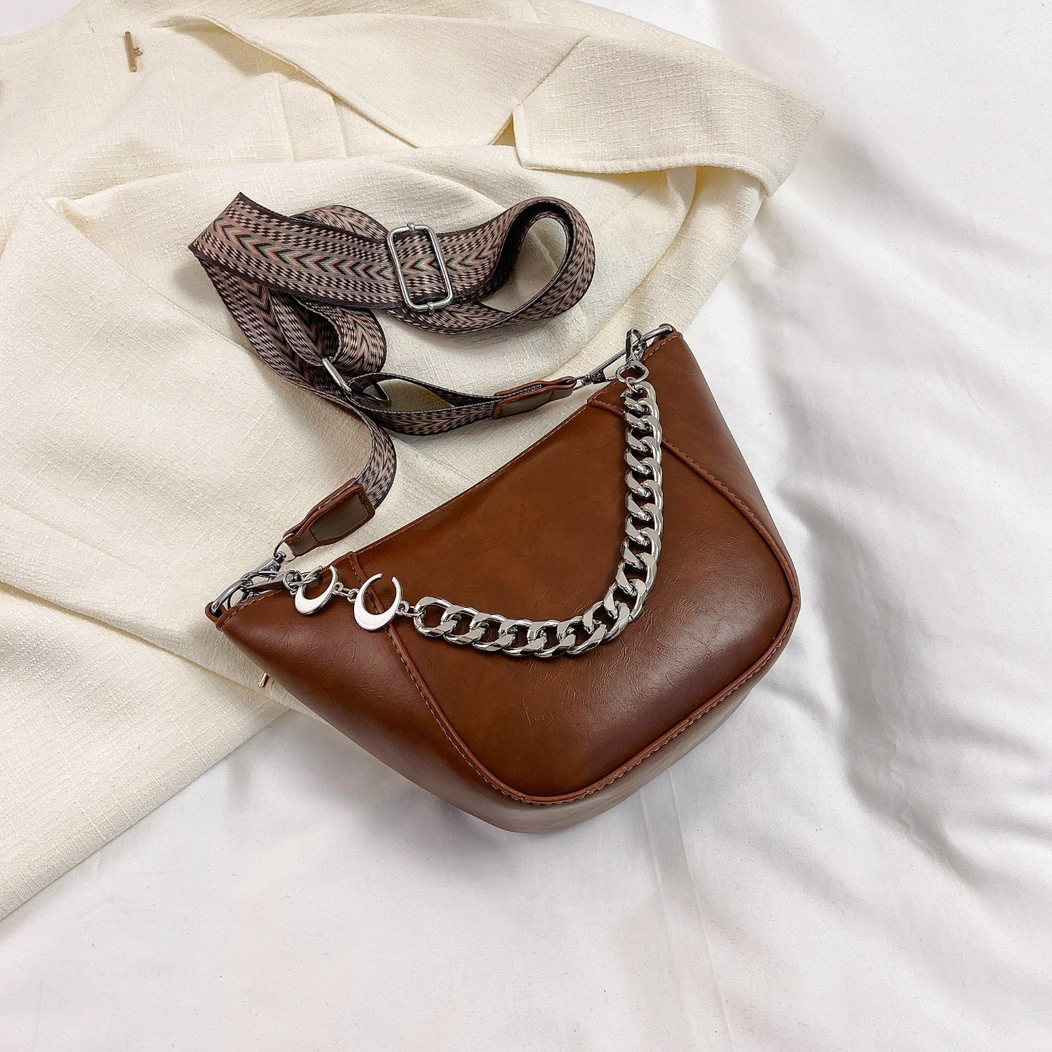 PU Leather Chain Trim Crossbody Bag Trendsi