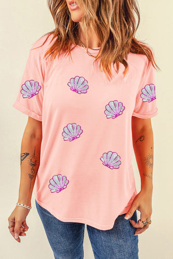 Shell Round Neck Short Sleeve T-Shirt Trendsi