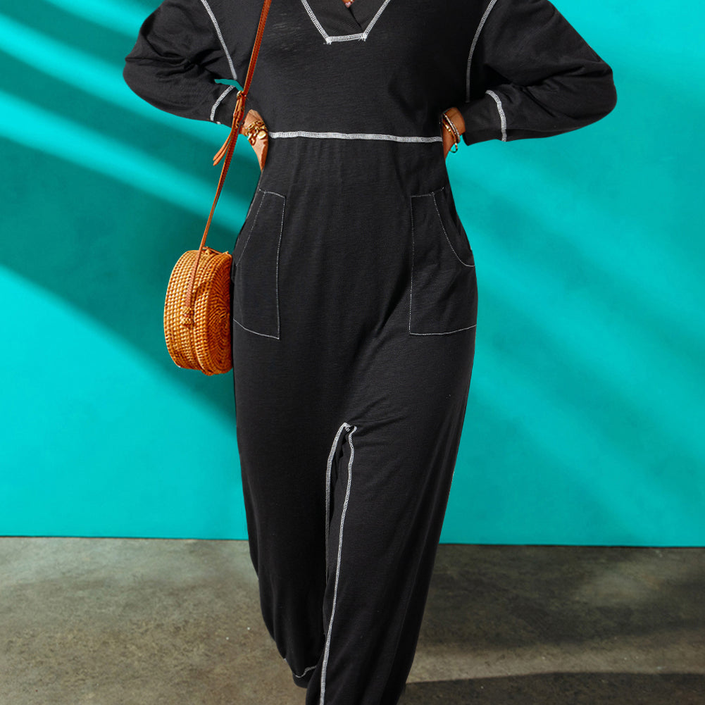 Contrast Stitching Pocketed Dropped Shoulder Jumpsuit