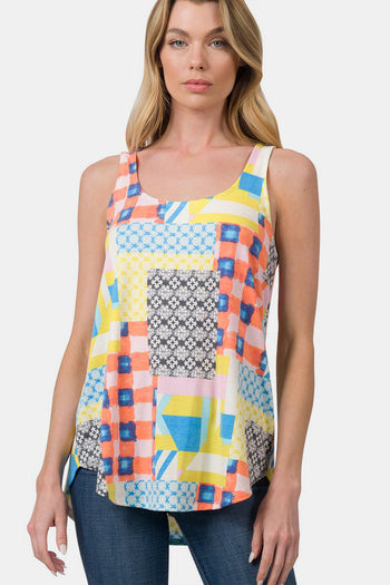 Zenana Printed Round Neck Curved Hem Tank Trendsi