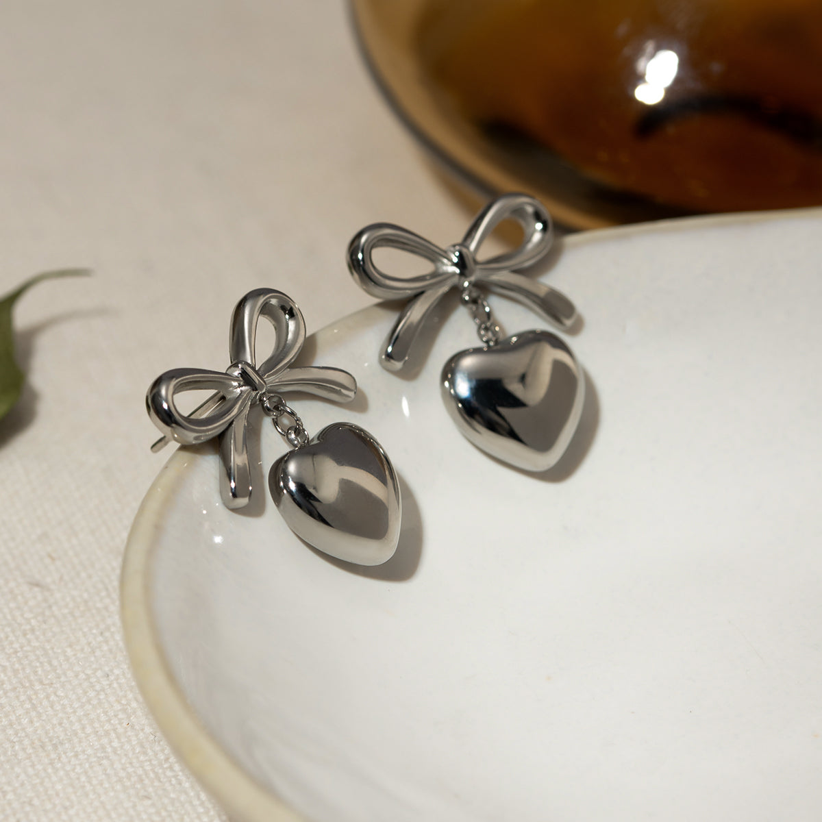 Stainless Steel Bow & Heart Drop Earrings Trendsi