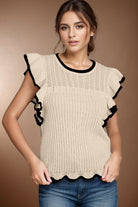 Ruffled Round Neck Cap Sleeve Knit Top Trendsi