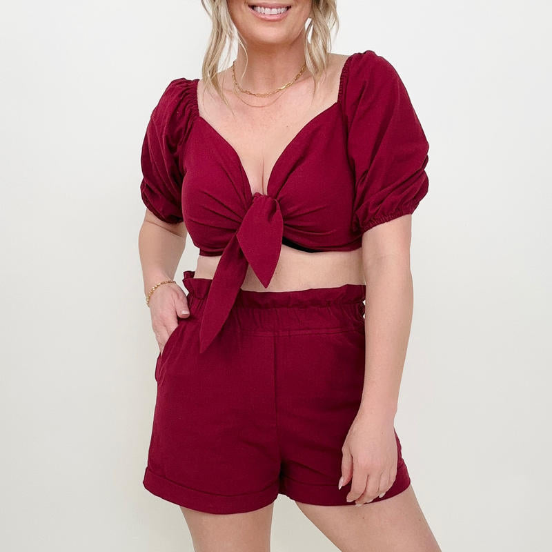 Knot Front Cropped Top and Shorts Set
