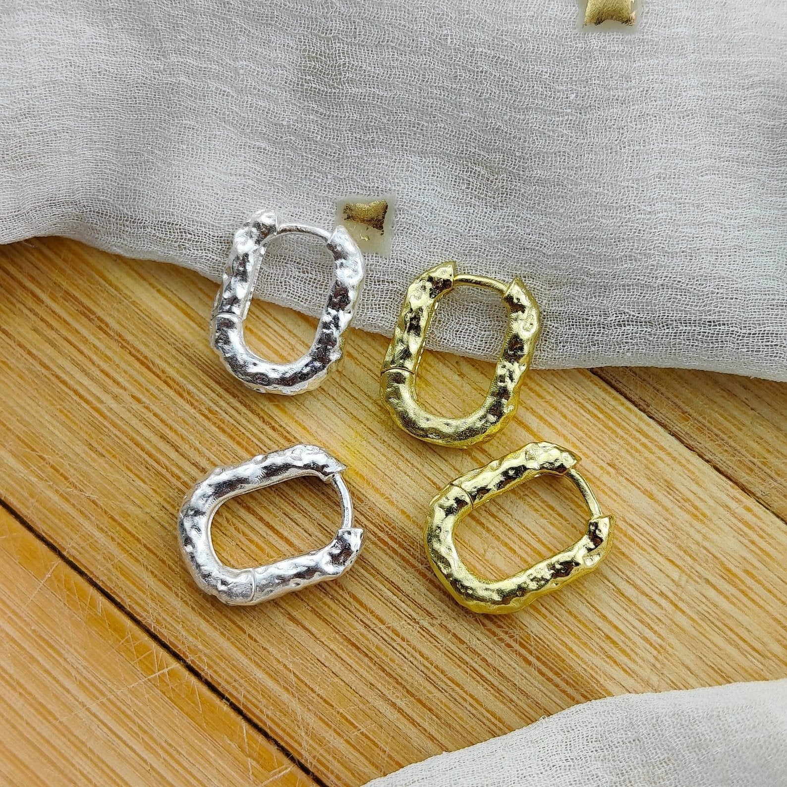 Sterling Silver U Shape Rectangle Square hammered Foil Hoop Huggies Earrings The Colourful Aura