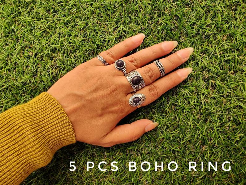 5 Piece Bohemian vintage Tribal Midi Stackable Ring Set The Colourful Aura