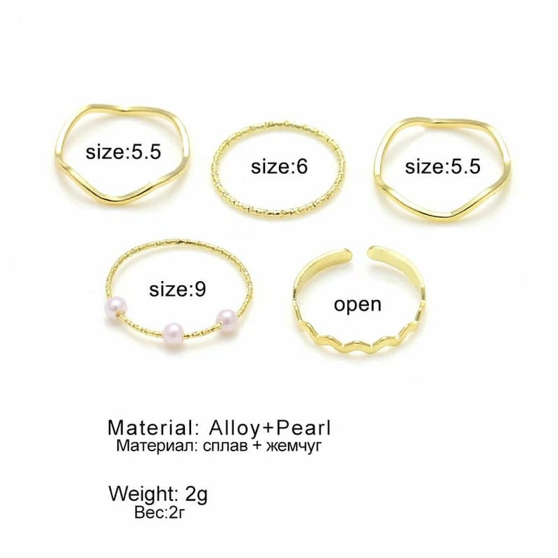 5 Piece Slim Silver Bohemian Pearl Tribal midi Stackable Ring Set The Colourful Aura