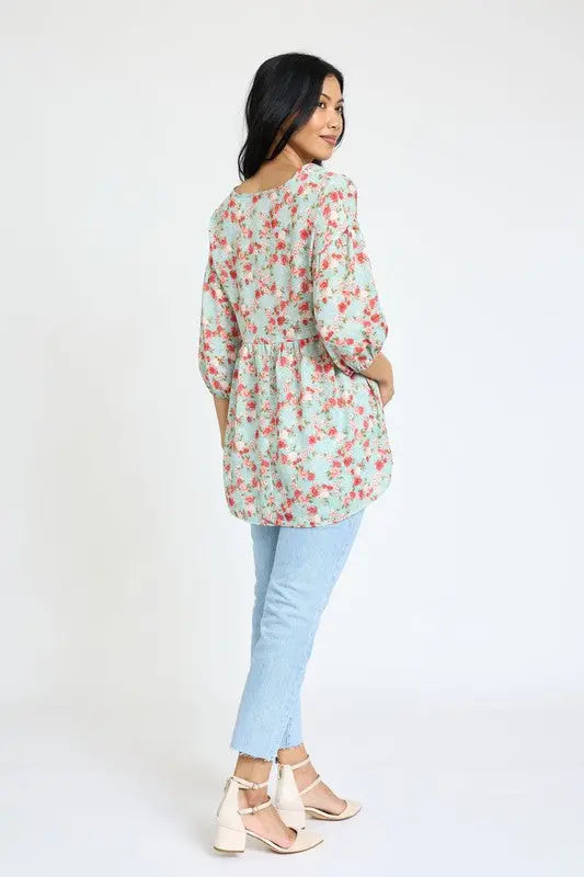 lightweight Button Accent Ditsy Floral Tunic EG fashion