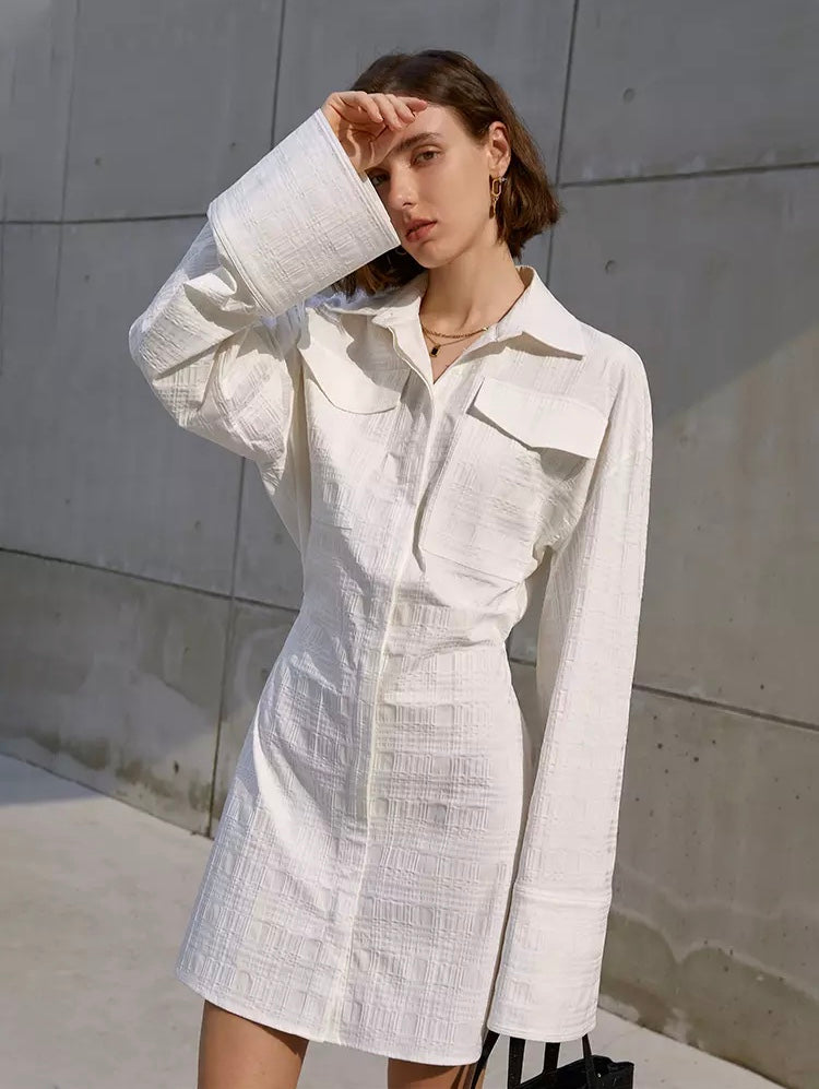 Long Flare Sleeve Gathered Waist Minimalist Shirt Dress For Women Fashionella