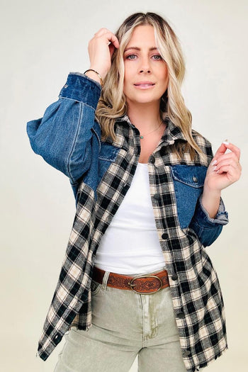 Cotton Bleu Brushed Plaid Denim Jacket Kiwidrop