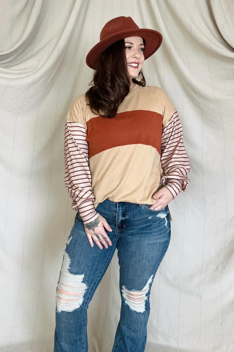 Round Neck Colorblock Striped Bishop Sleeve Top Kiwidrop