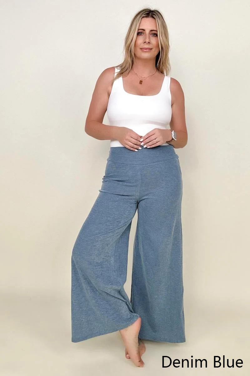 Petal Dew Solid Wide Waistband Wide Leg Pants Kiwidrop