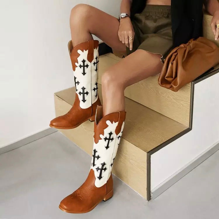 Retro Pattern Cowboy Western Boots For Women Fashionella