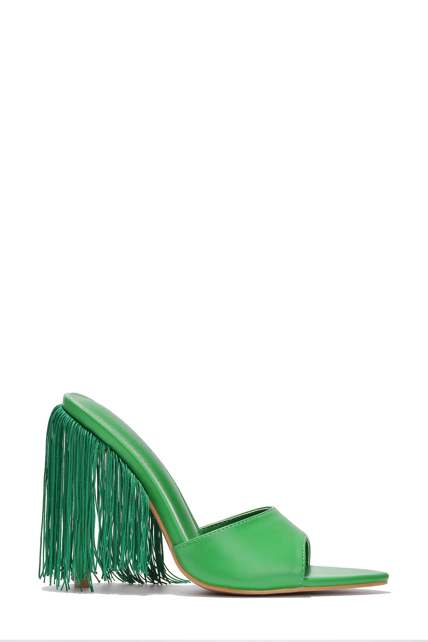 Safina Open Toe Stiletto Heels with Fringe Detail in Green Penderié, Inc.