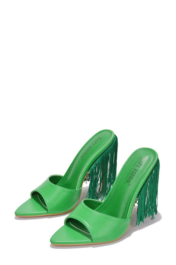 Safina Open Toe Stiletto Heels with Fringe Detail in Green Penderié, Inc.