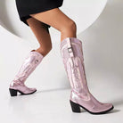 Shiny Metallic Embroidery Knee High Western Cowboy Boots For Women Fashionella