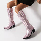 Shiny Metallic Embroidery Knee High Western Cowboy Boots For Women Fashionella