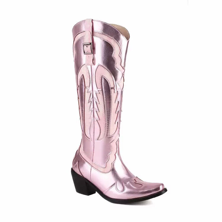 Shiny Metallic Embroidery Knee High Western Cowboy Boots For Women Fashionella