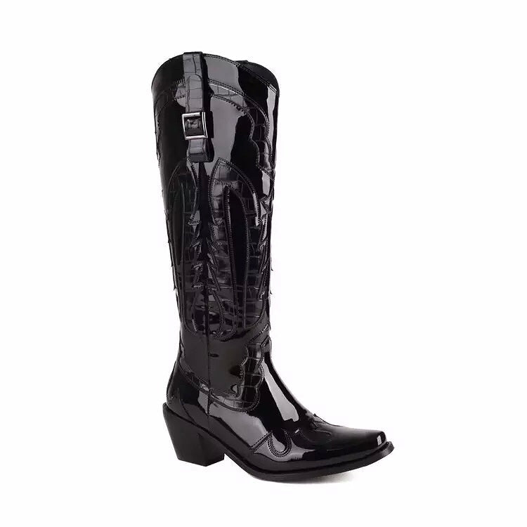 Shiny Metallic Embroidery Knee High Western Cowboy Boots For Women Fashionella