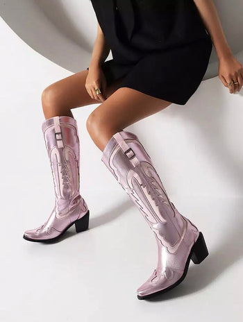 Shiny Metallic Embroidery Knee High Western Cowboy Boots For Women Fashionella