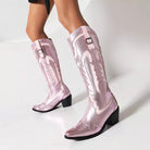 Shiny Metallic Embroidery Knee High Western Cowboy Boots For Women Fashionella