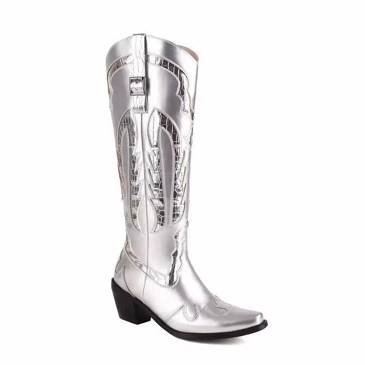 Shiny Metallic Embroidery Knee High Western Cowboy Boots For Women Fashionella