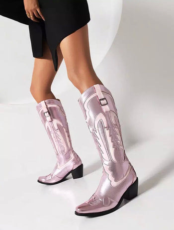 Shiny Metallic Embroidery Knee High Western Cowboy Boots For Women Fashionella