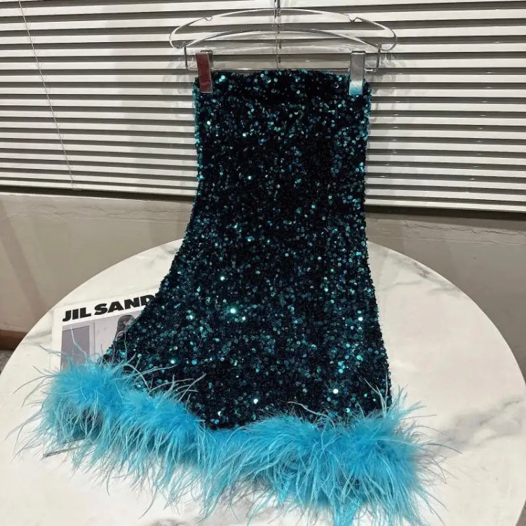 Strapless Feather Sequined Tube Dress Fashionella