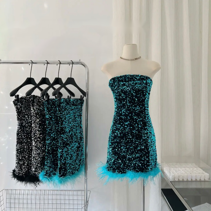 Strapless Feather Sequined Tube Dress Fashionella