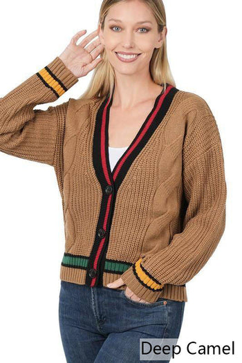 Zenana Contrast Trim Cable Knit Cardigan Kiwidrop