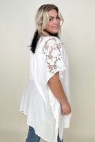 Davi & Dani Solid Button Down Short Sleeve Hi-Low Lace Loose Top Kiwidrop